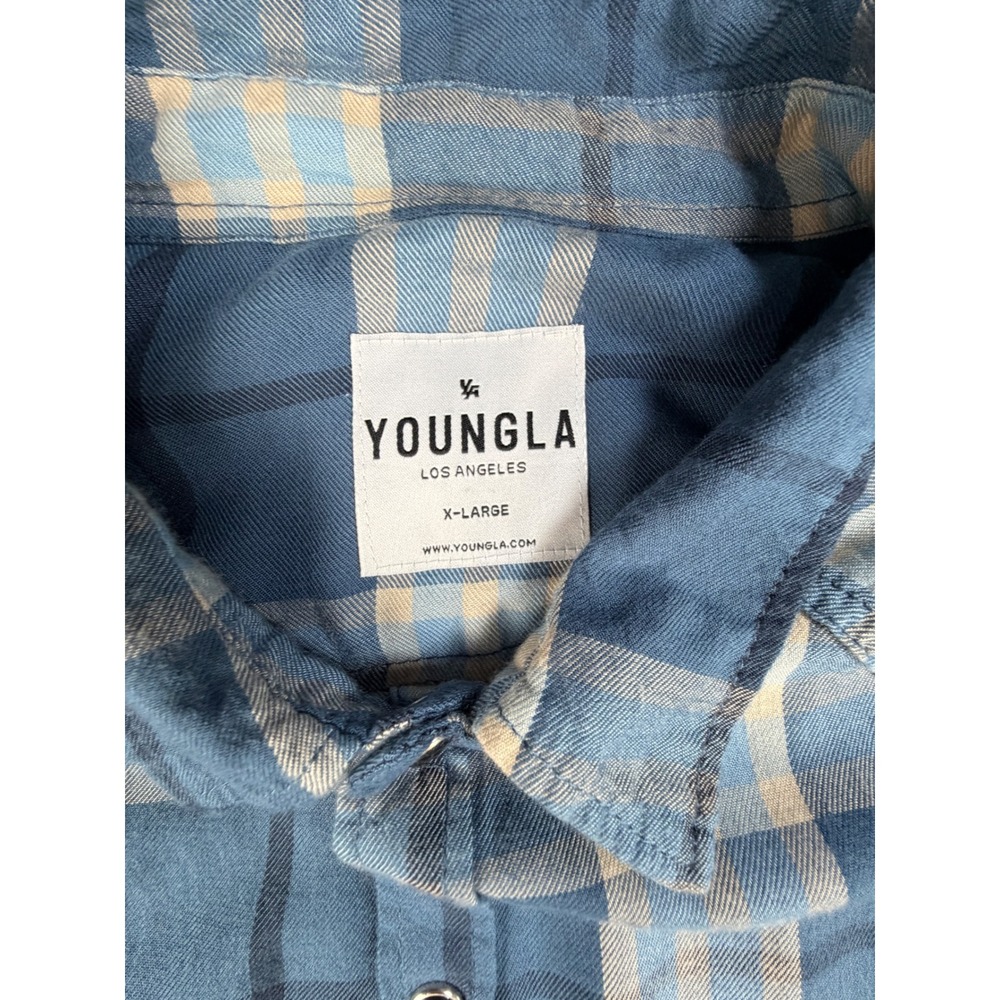 YoungLA Mens Blue Plaid Flannel Western Yoke Button Down Shirt XL - Picture 3 of 5